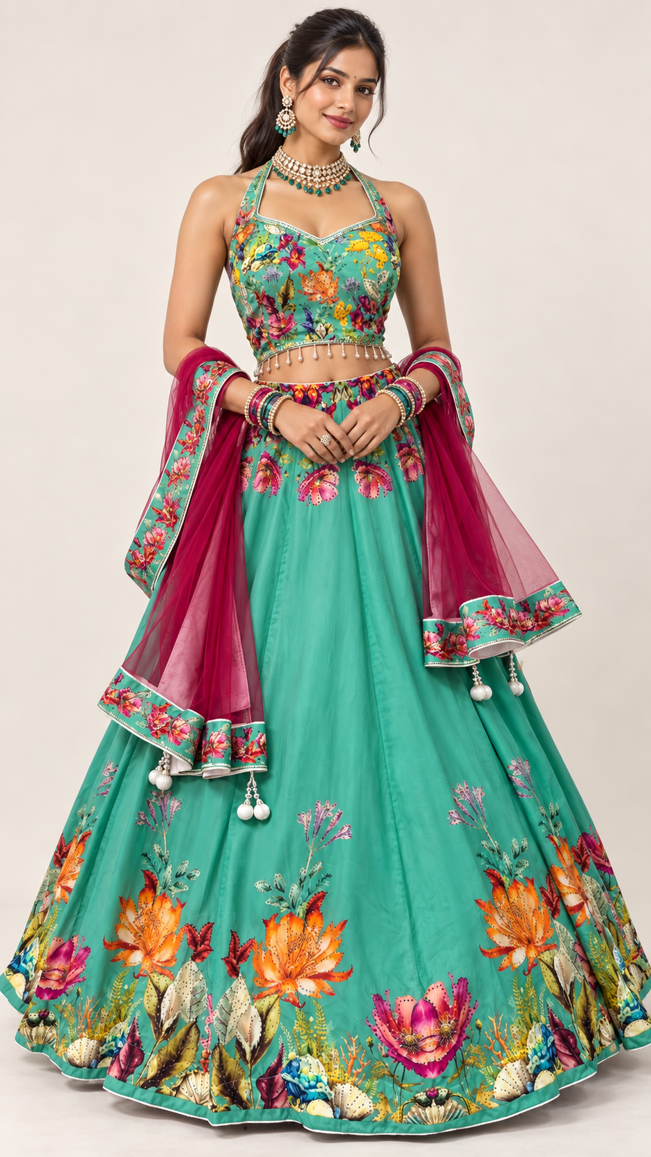 Turquoise Floral Printed Fully Flare Crepe Lehenga