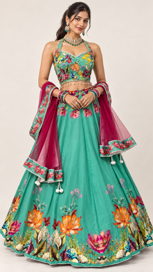 Turquoise Floral Printed Fully Flare Crepe Lehenga