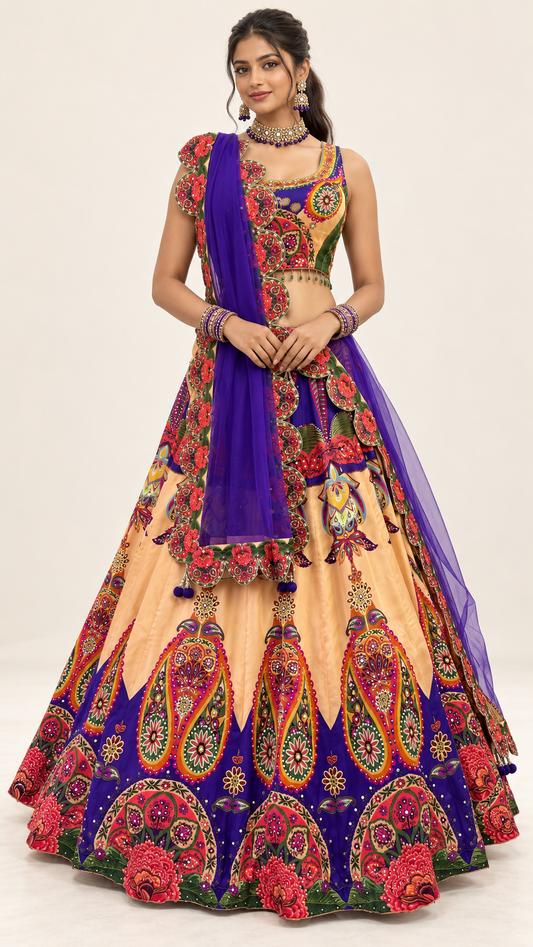 Purple Multi Colour Printed Fully Flare Crepe Lehenga