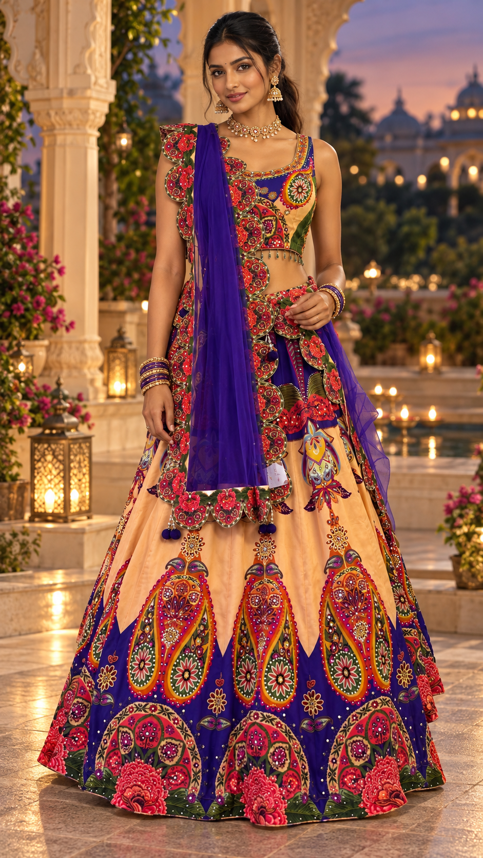 Purple Multi Colour Printed Fully Flare Crepe Lehenga