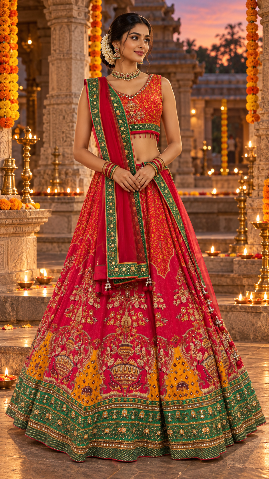 Red Multi Colour Printed Fully Flare Crepe Lehenga