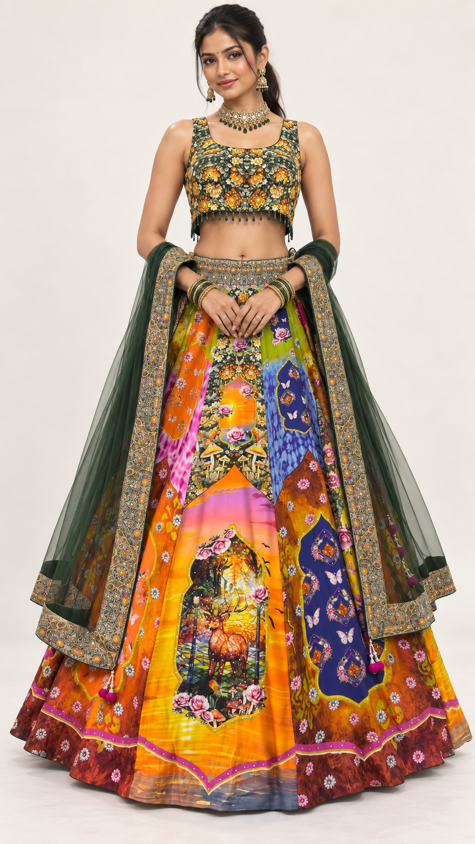 Mehndi Green Dear Printed Fully Flare Crepe Lehenga